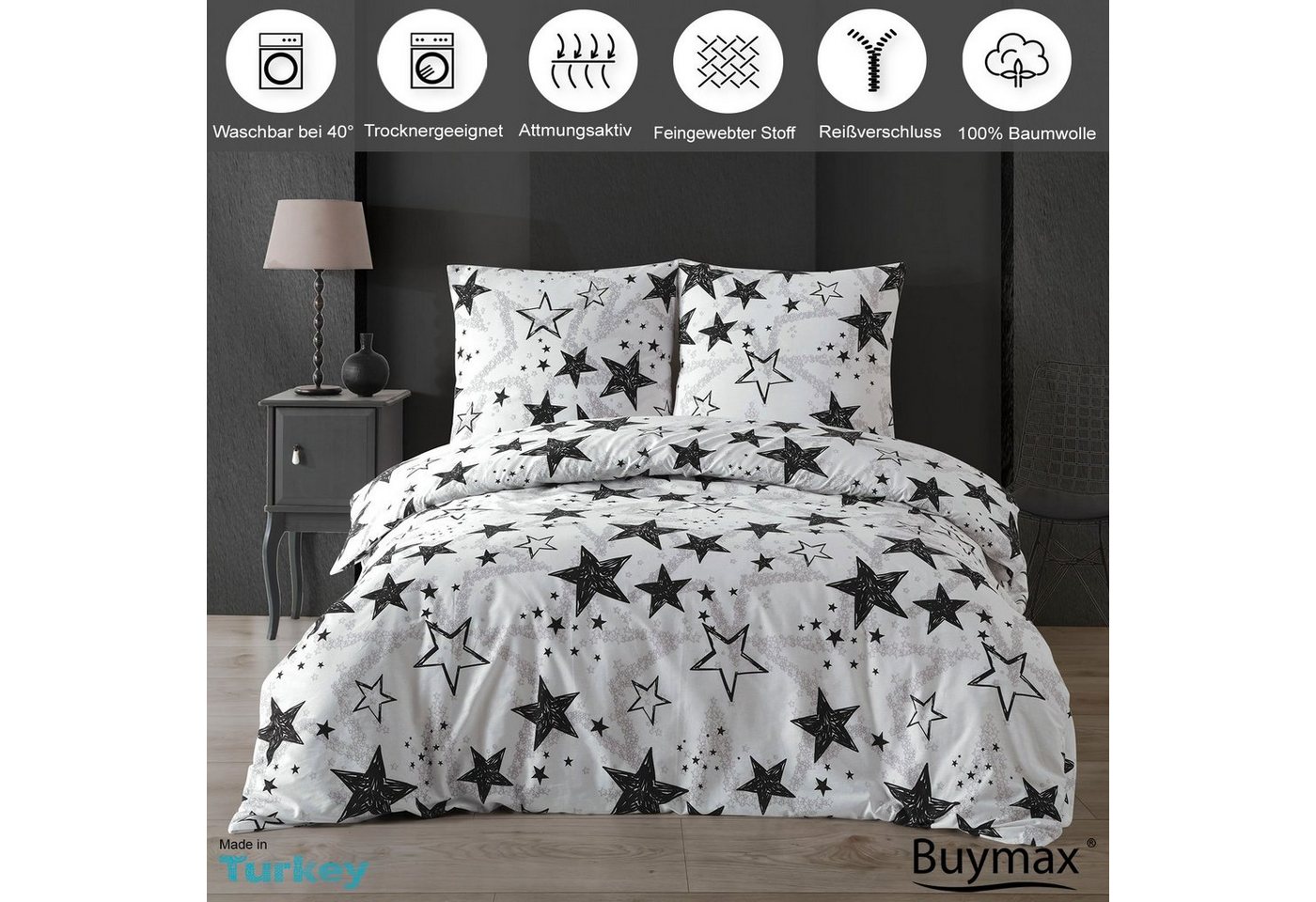 Buymax Bettwäsche Sterne-Muster, Stella Black, Renforcé, 100% Baumwolle, Renforcé, 2 teilig, Bettbezug-Set 135x200 cm 100% Baumwolle Reißverschluss Weiß Schwarz – Bild 2 von 5