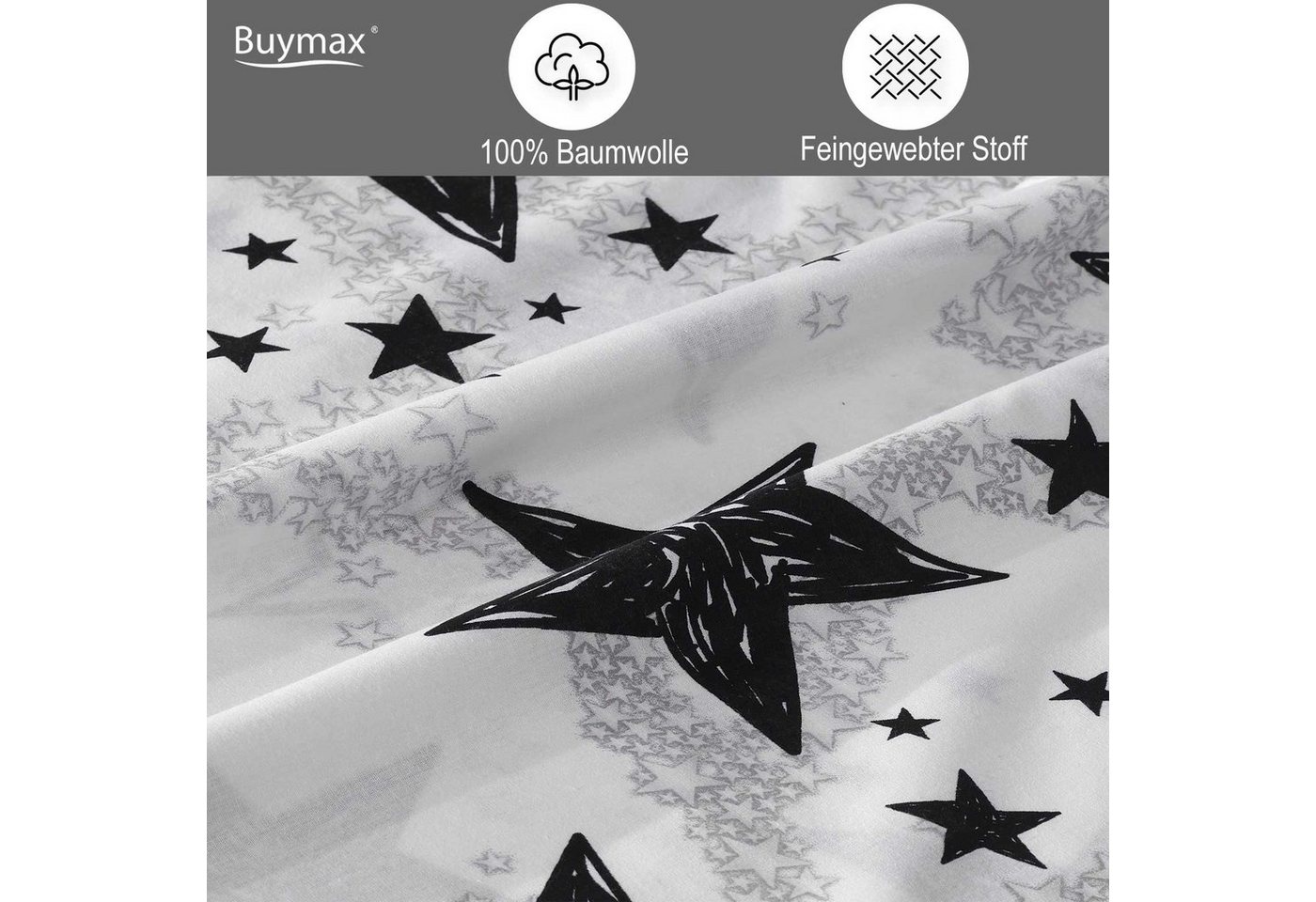 Buymax Bettwäsche Sterne-Muster, Stella Black, Renforcé, 100% Baumwolle, Renforcé, 2 teilig, Bettbezug-Set 135x200 cm 100% Baumwolle Reißverschluss Weiß Schwarz – Bild 4 von 5