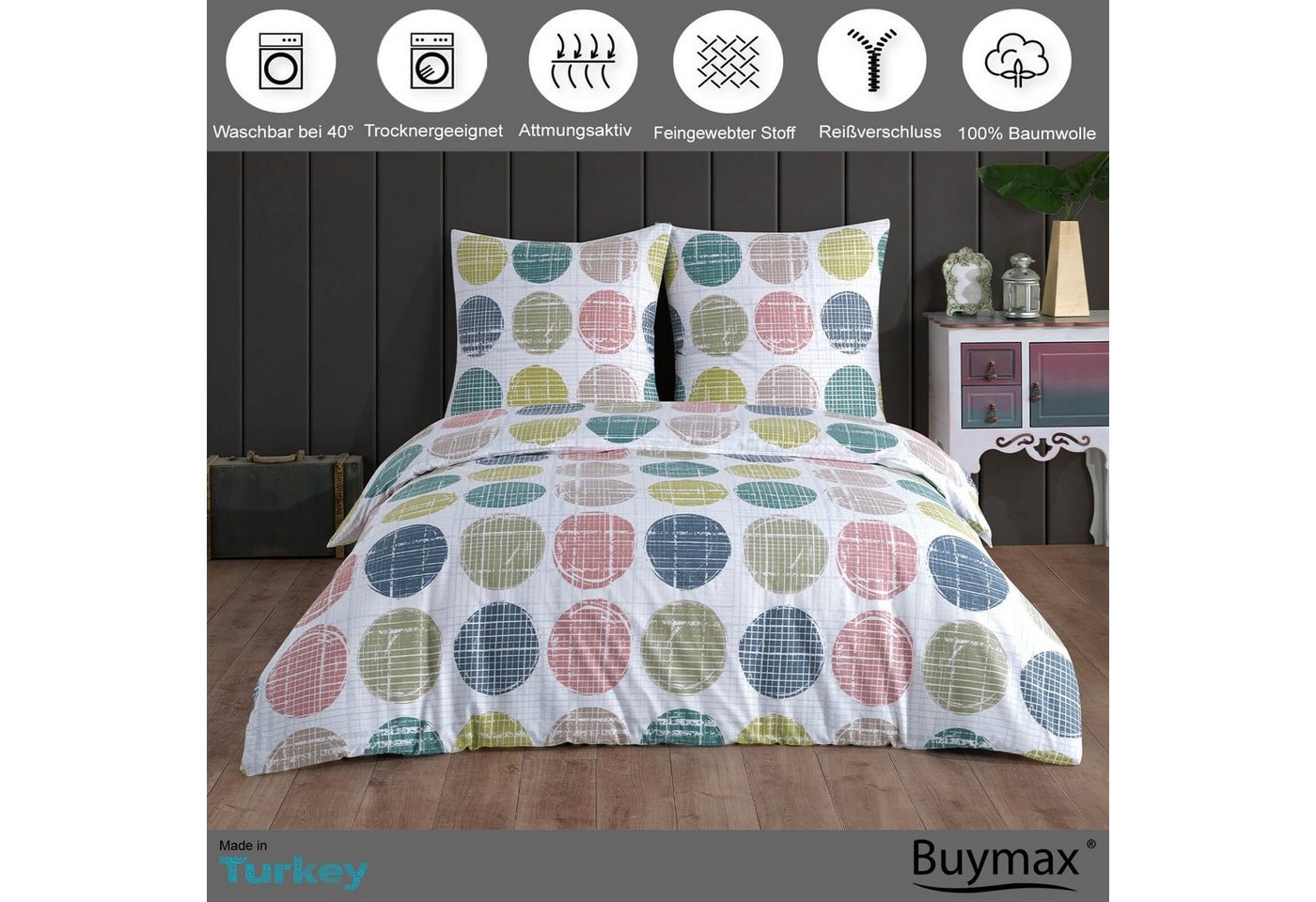 Buymax Bettwäsche Sueno, Renforce: 100% Baumwolle, 3 teilig, 200x200 cm, Bettbezug-Set, mit Reißverschluss, Weiß Bunt – Bild 2 von 5