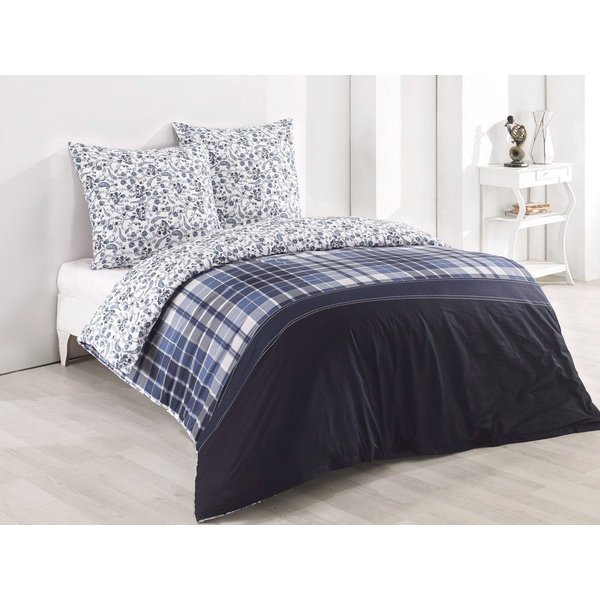 Buymax Bettwäsche Wende-Bettwäsche, Pablo, Renforce: 100% Baumwolle, 3 teilig, 200x220 cm, Bettbezug-Set, mit Reißverschluss, Blumen, Karo, Weiß Blau