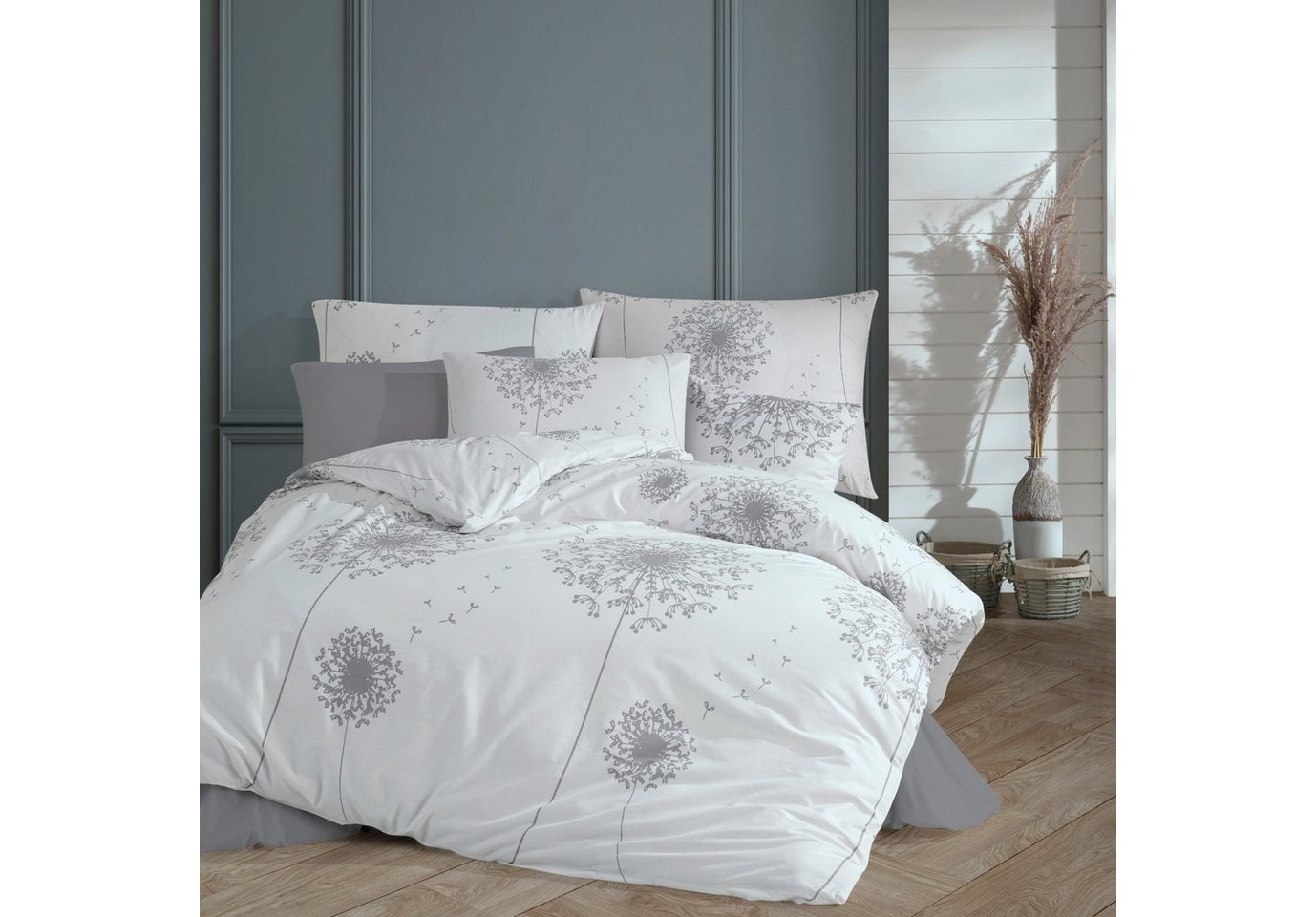 Buymax Bettwäsche Willow, Renforcé, 100% Baumwolle, Renforcé: 100% Baumwolle, 4 teilig, 135x200 cm, Bettbezug-Set mit Reißverschluss Blumen Blätter, Weiß Grau – Bild 2 von 5