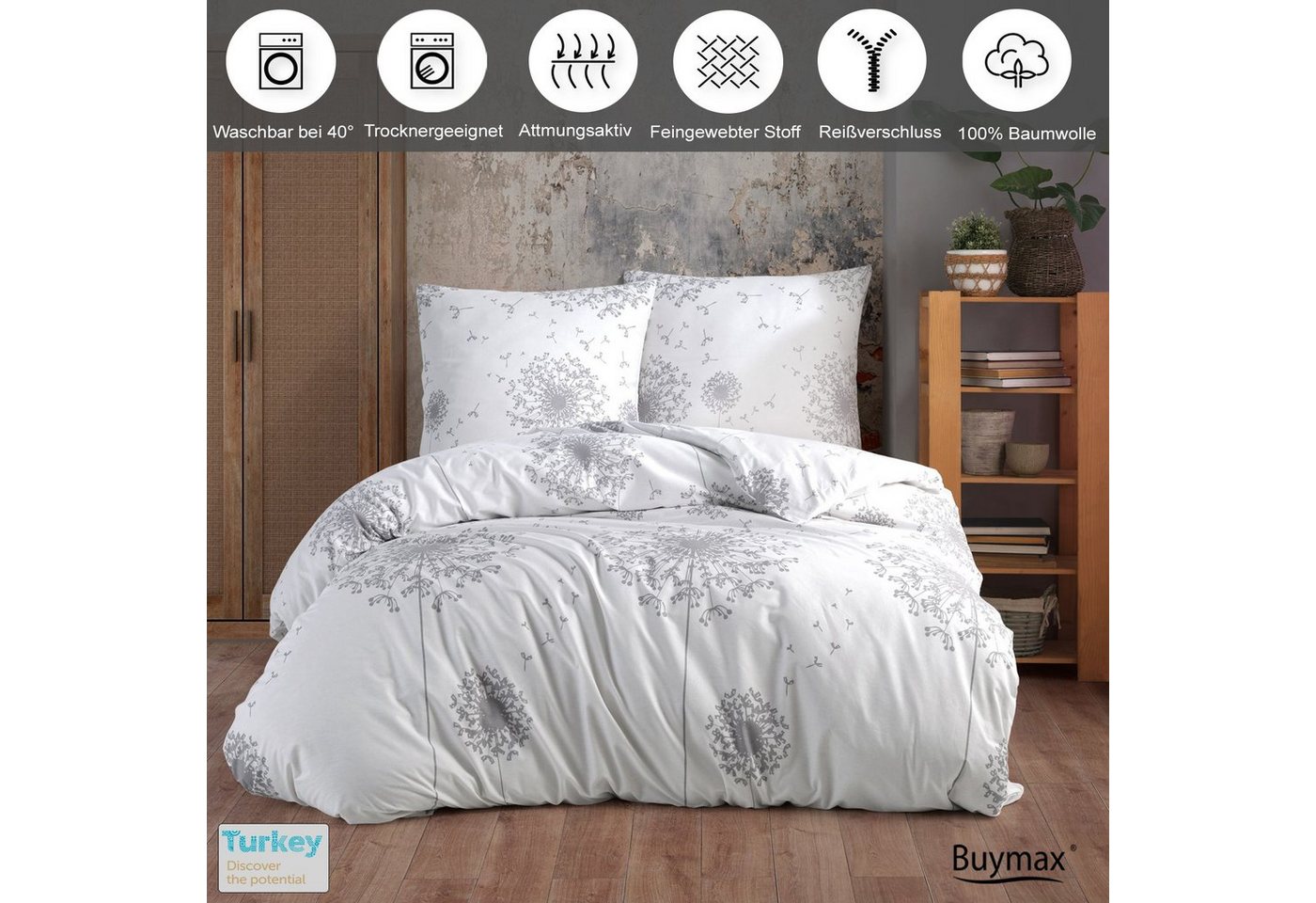 Buymax Bettwäsche Willow, Renforcé, 100% Baumwolle, Renforcé: 100% Baumwolle, 4 teilig, 135x200 cm, Bettbezug-Set mit Reißverschluss Blumen Blätter, Weiß Grau – Bild 3 von 5