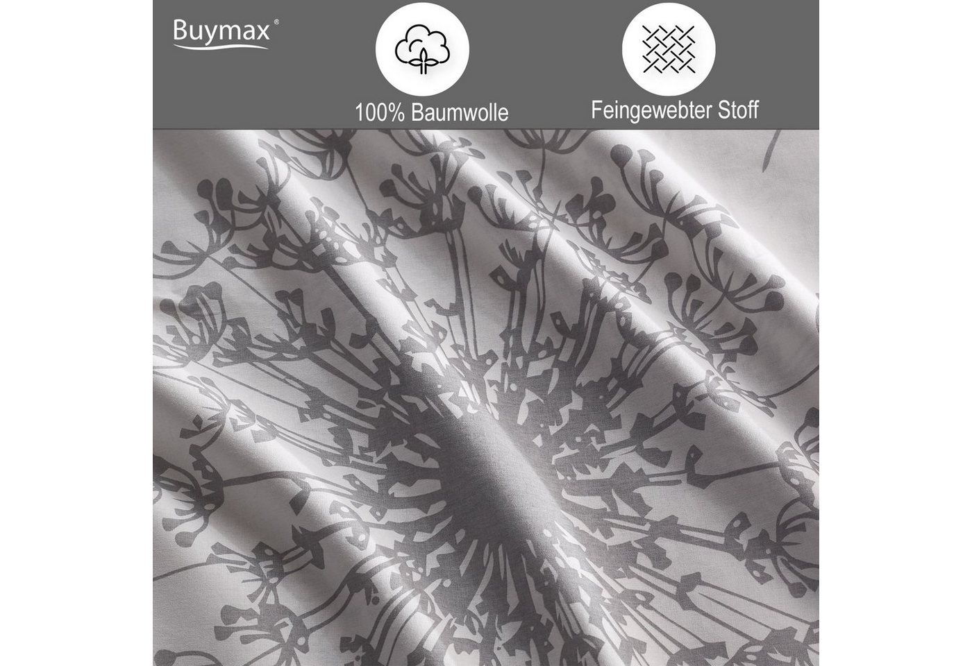 Buymax Bettwäsche Willow, Renforcé, 100% Baumwolle, Renforcé: 100% Baumwolle, 4 teilig, 135x200 cm, Bettbezug-Set mit Reißverschluss Blumen Blätter, Weiß Grau – Bild 4 von 5