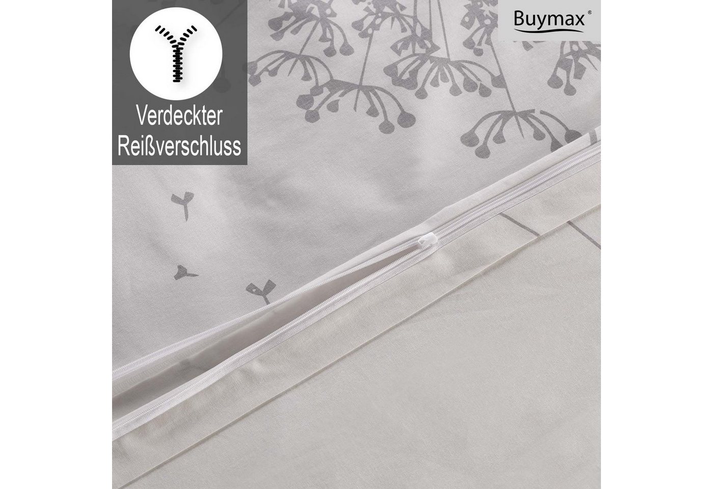 Buymax Bettwäsche Willow, Renforcé, 100% Baumwolle, Renforcé: 100% Baumwolle, 4 teilig, 135x200 cm, Bettbezug-Set mit Reißverschluss Blumen Blätter, Weiß Grau – Bild 5 von 5