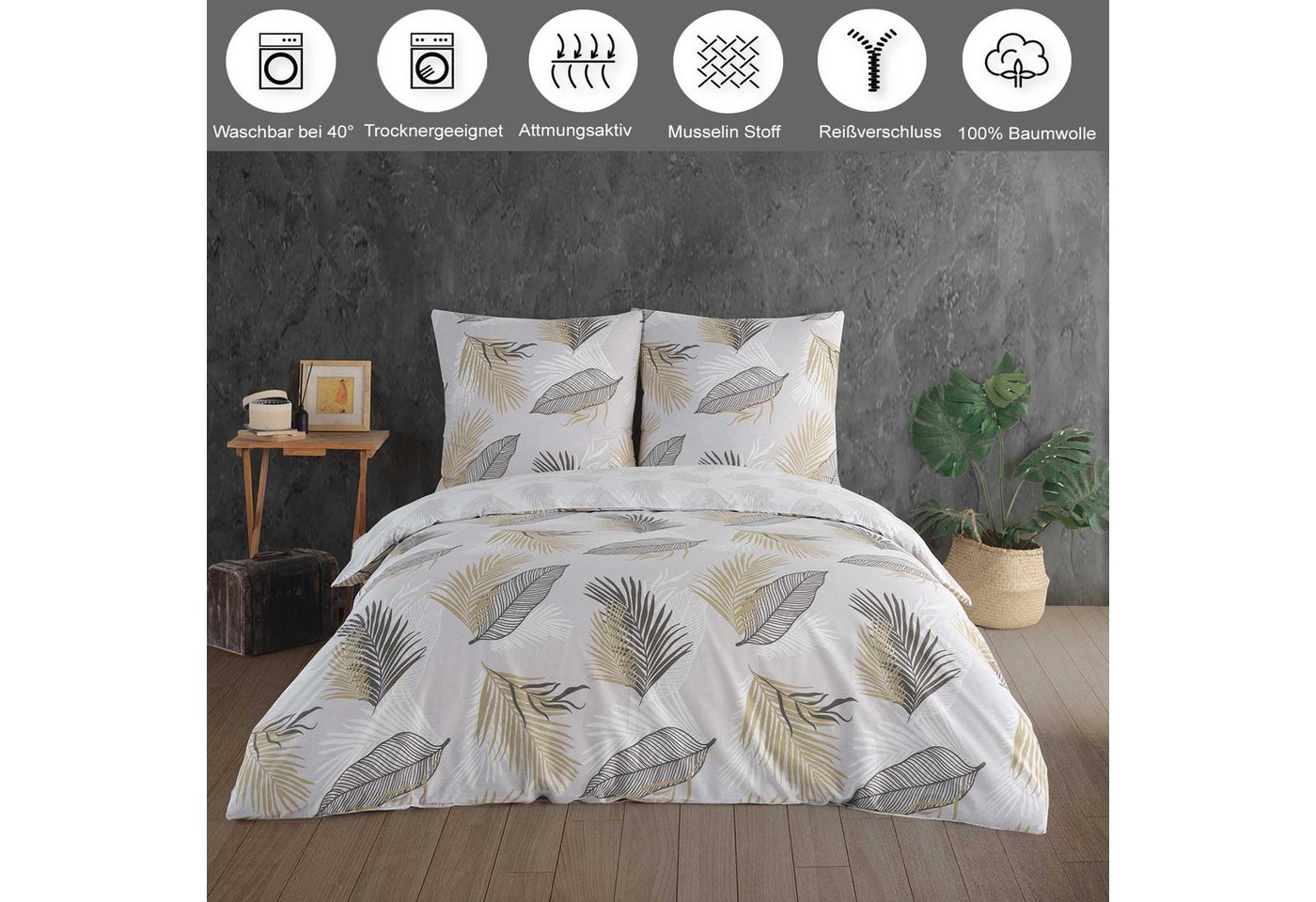 Buymax Bettwäsche Willow, Renforcé, 100% Baumwolle, Renforcé: 100% Baumwolle, 3 teilig, Premium 100% Baumwolle Bettbezug-Set 200x200 cm mit Reißverschluss – Bild 2 von 5