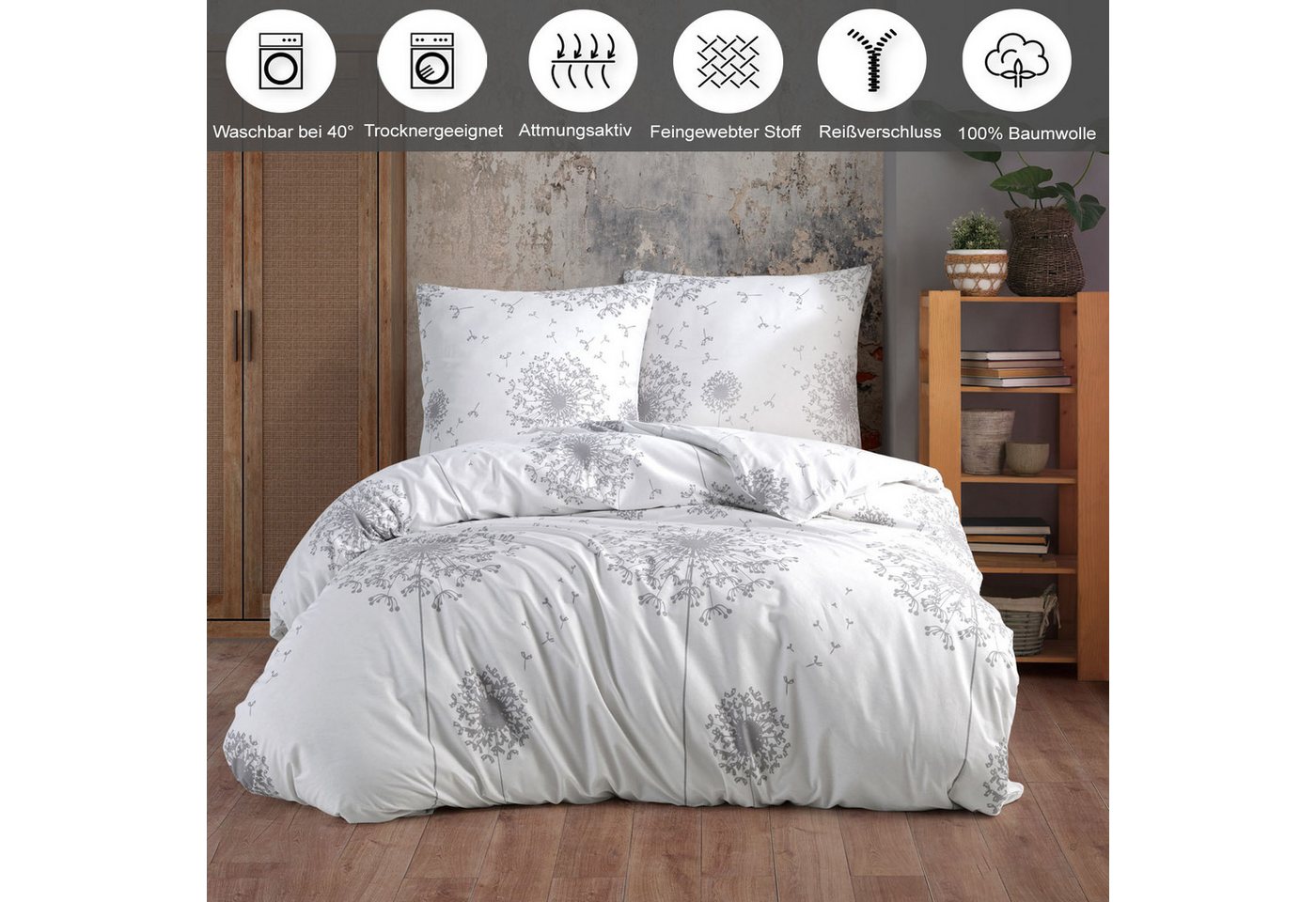 Buymax Bettwäsche Willow, Renforcé, 100% Baumwolle, Renforcé: 100% Baumwolle, 3 teilig, 200x200 cm, Bettbezug-Set mit Reißverschluss Blumen Blätter, Weiß Grau – Bild 2 von 5