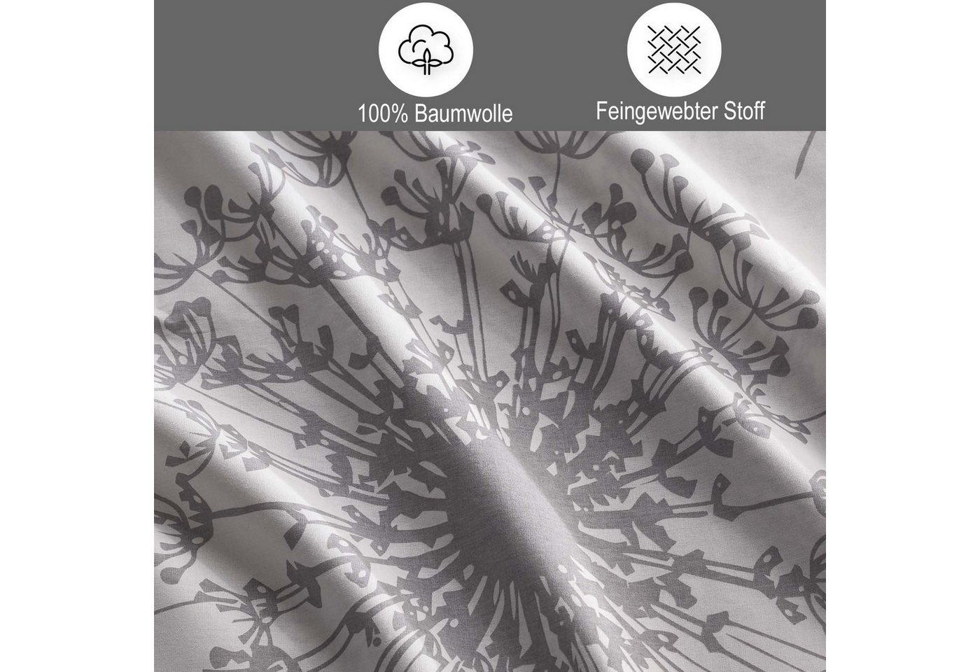 Buymax Bettwäsche Willow, Renforcé, 100% Baumwolle, Renforcé: 100% Baumwolle, 3 teilig, 200x200 cm, Bettbezug-Set mit Reißverschluss Blumen Blätter, Weiß Grau – Bild 3 von 5