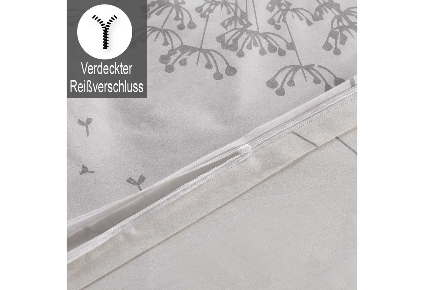 Buymax Bettwäsche Willow, Renforcé, 100% Baumwolle, Renforcé: 100% Baumwolle, 3 teilig, 200x200 cm, Bettbezug-Set mit Reißverschluss Blumen Blätter, Weiß Grau – Bild 4 von 5