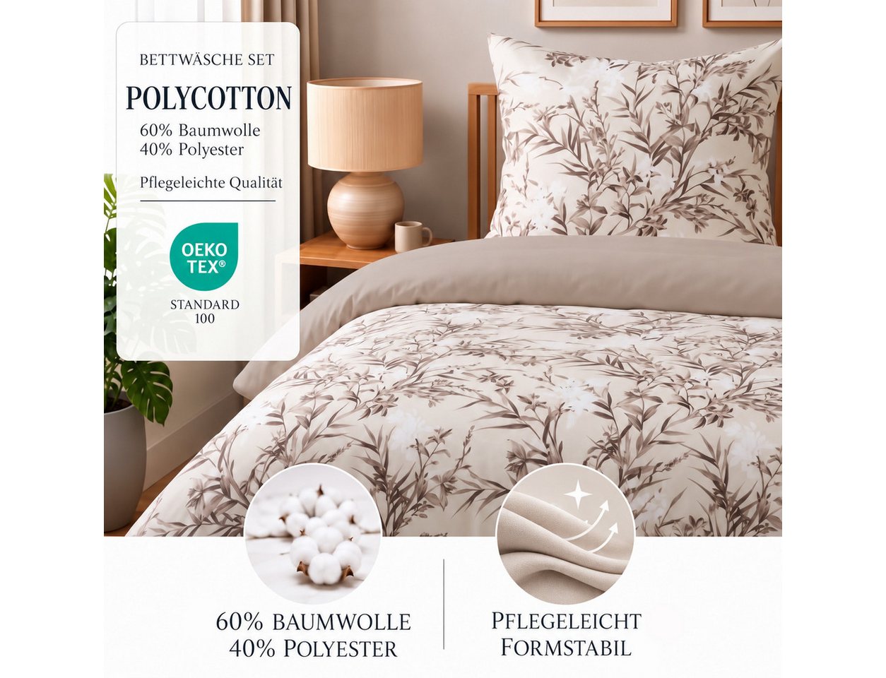 Buymax Bettwäsche Yaprak, Wendebettwäsche-Set, Einzel- & Doppelbetten, Polycotton, 3 teilig, Bettbezug-Set 200x220 cm Reißverschluss, 60% Baumwolle, 40% Polyest – Bild 2 von 5