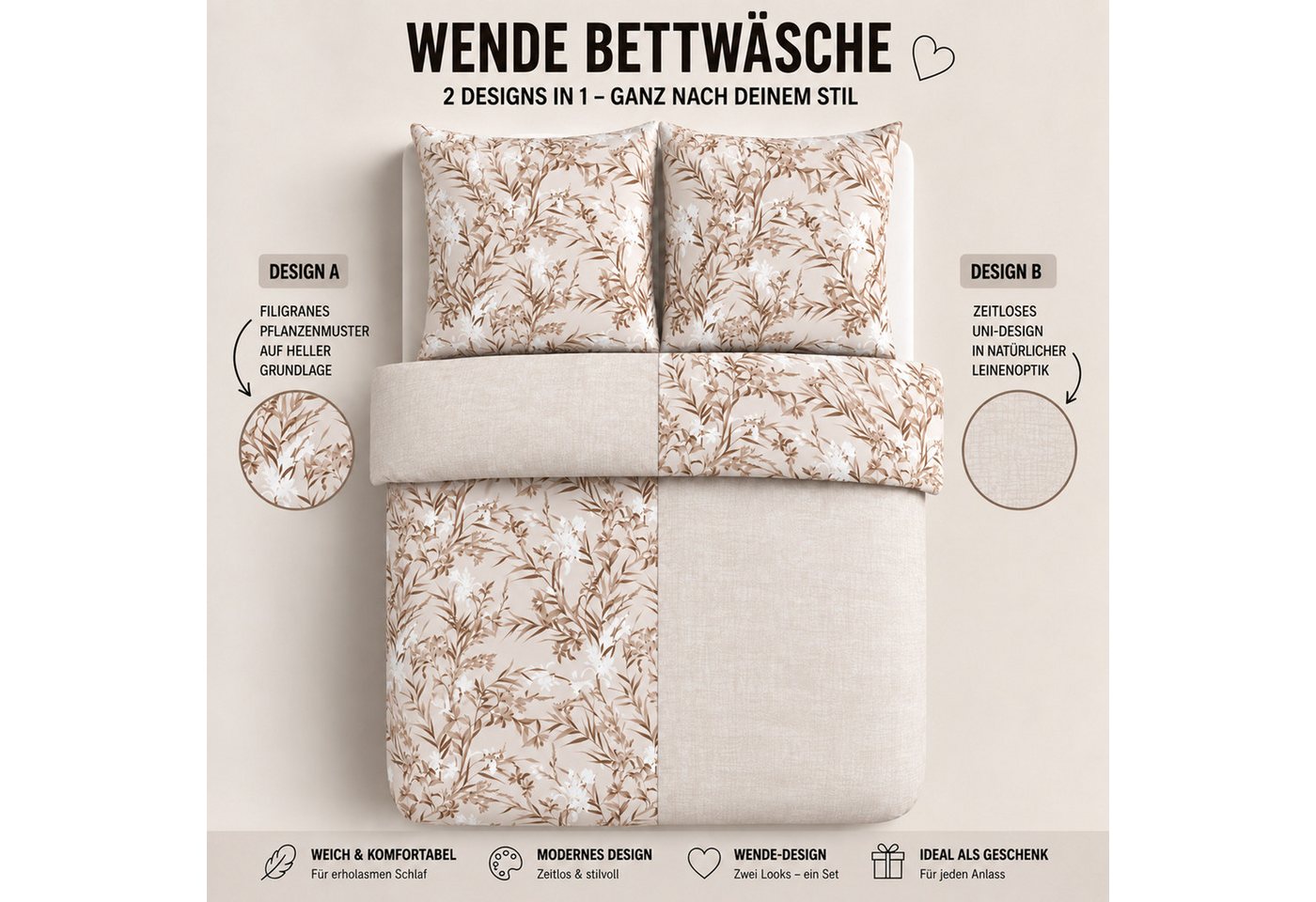 Buymax Bettwäsche Yaprak, Wendebettwäsche-Set, Einzel- & Doppelbetten, Polycotton, 3 teilig, Bettbezug-Set 200x220 cm Reißverschluss, 60% Baumwolle, 40% Polyest – Bild 3 von 5