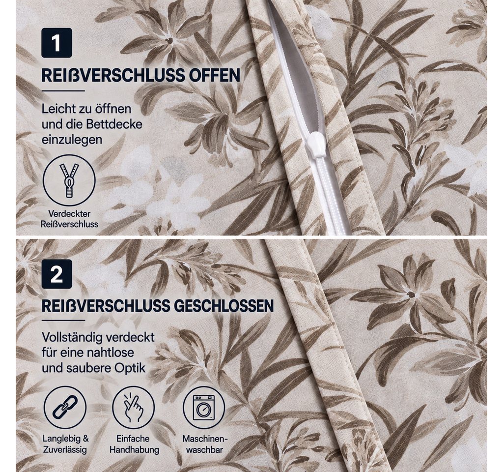 Buymax Bettwäsche Yaprak, Wendebettwäsche-Set, Einzel- & Doppelbetten, Polycotton, 3 teilig, Bettbezug-Set 200x220 cm Reißverschluss, 60% Baumwolle, 40% Polyest – Bild 4 von 5