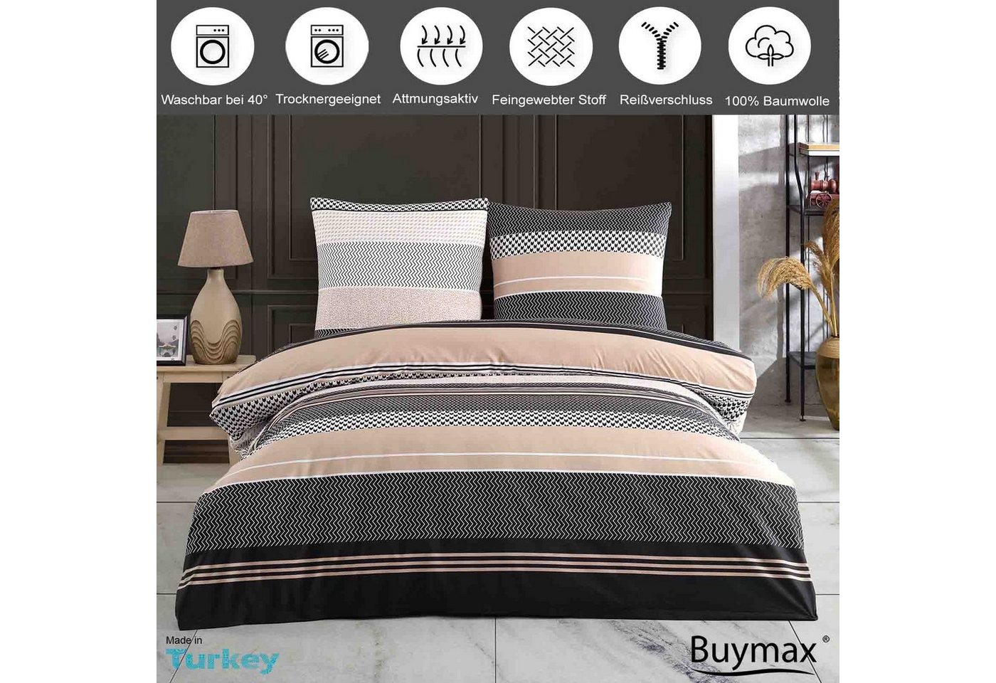Buymax Bettwäsche Zigo, Renforcé, 3 teilig, Bettbezug-Set 200x200 cm 100% Baumwolle mit Reißverschluss, Streifen – Bild 2 von 5
