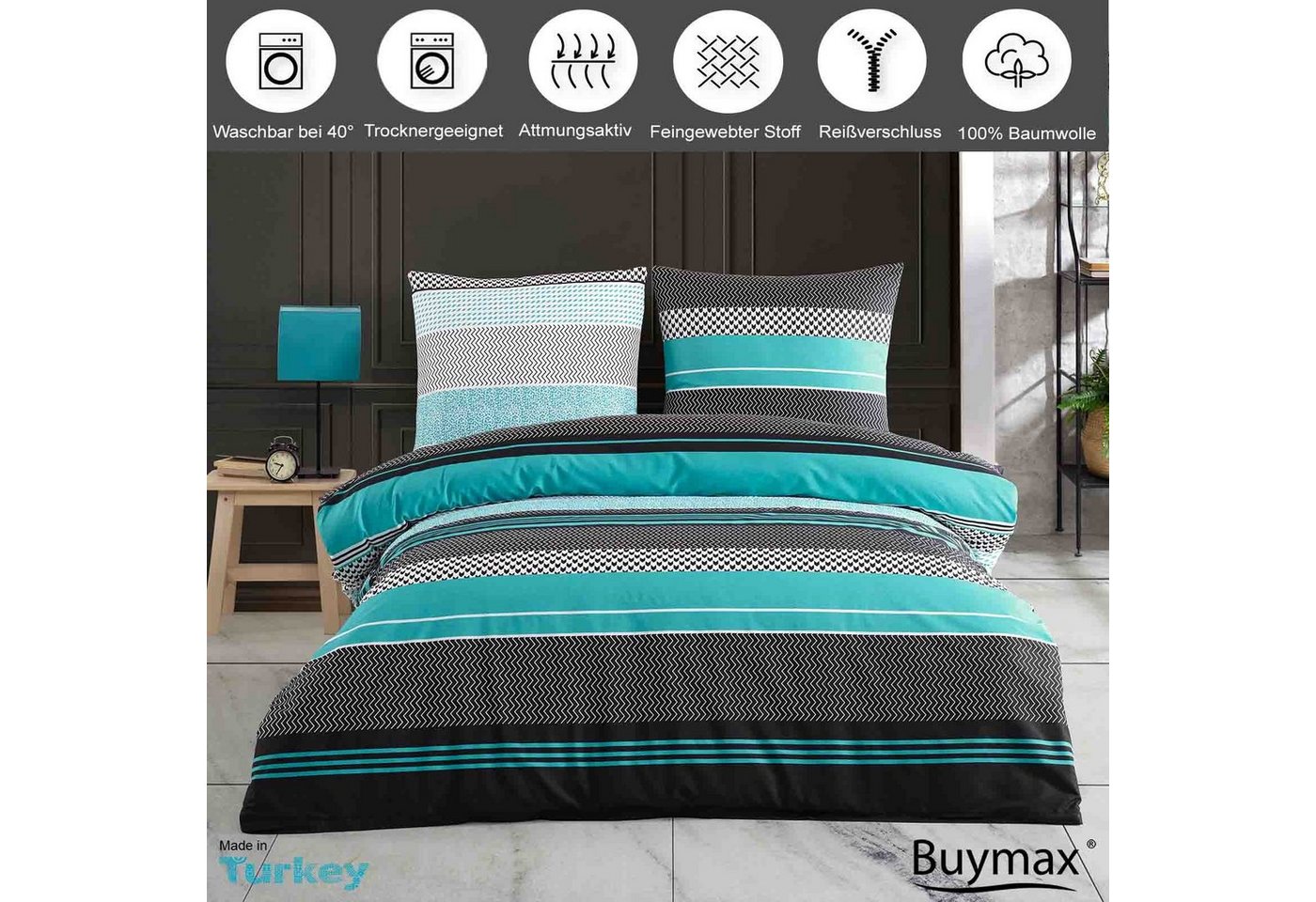 Buymax Bettwäsche Zigo, Renforcé, 2 teilig, Bettbezug-Set 155x220 cm 100% Baumwolle mit Reißverschluss, Streifen – Bild 2 von 5