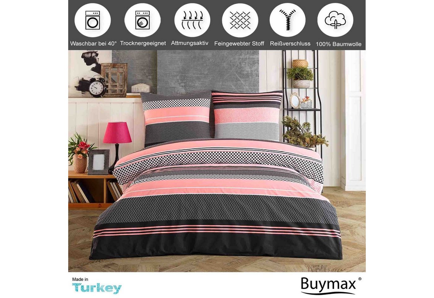 Buymax Bettwäsche Zigo, Renforcé, 3 teilig, Bettbezug-Set 200x220 cm 100% Baumwolle mit Reißverschluss, Streifen – Bild 2 von 5