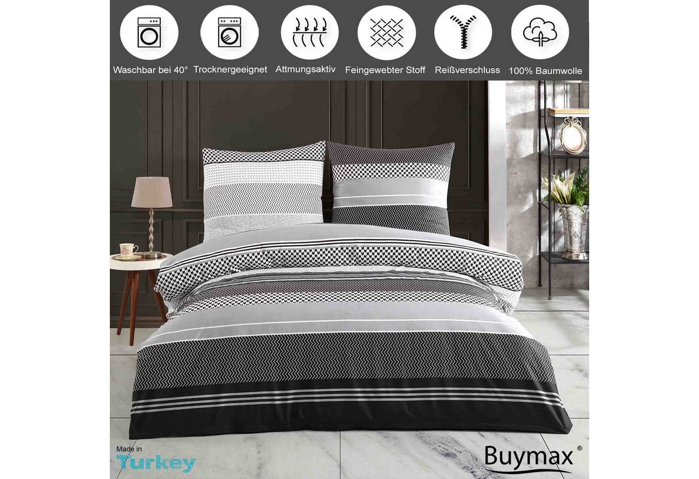 Buymax Bettwäsche Zigo, Renforcé, 3 teilig, Bettbezug-Set 200x200 cm 100% Baumwolle mit Reißverschluss, Streifen – Bild 2 von 5