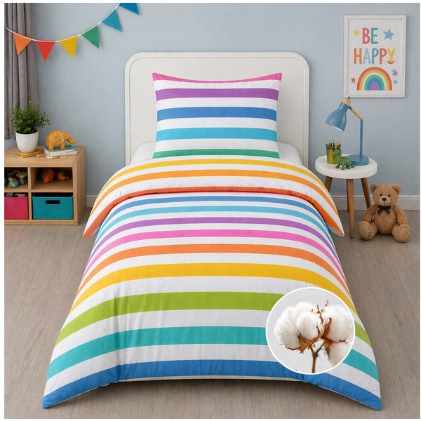 Buymax Kinderbettwäsche Rainbow Kids, Renforcé, 2 teilig, 135x200 cm, 100% Baumwolle, Reißverschluss, Kind, Regenbogen