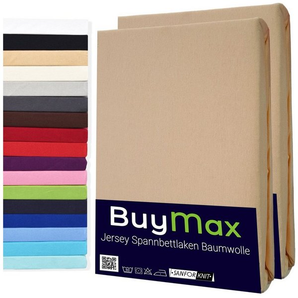 Buymax Spannbettlaken 2-er Set, Doppelpack, Bettlaken, Jersey 100% Baumwolle, Gummizug: rundum, (2 Stück), Pflegeleicht und Atmungsaktiv in Verschiedenen Farben