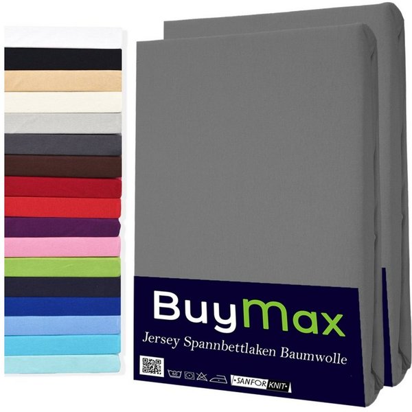 Buymax Spannbettlaken 2-er Set, Doppelpack, Bettlaken, Jersey 100% Baumwolle, Gummizug: rundum, (2 Stück), Pflegeleicht und Atmungsaktiv in Verschiedenen Farben