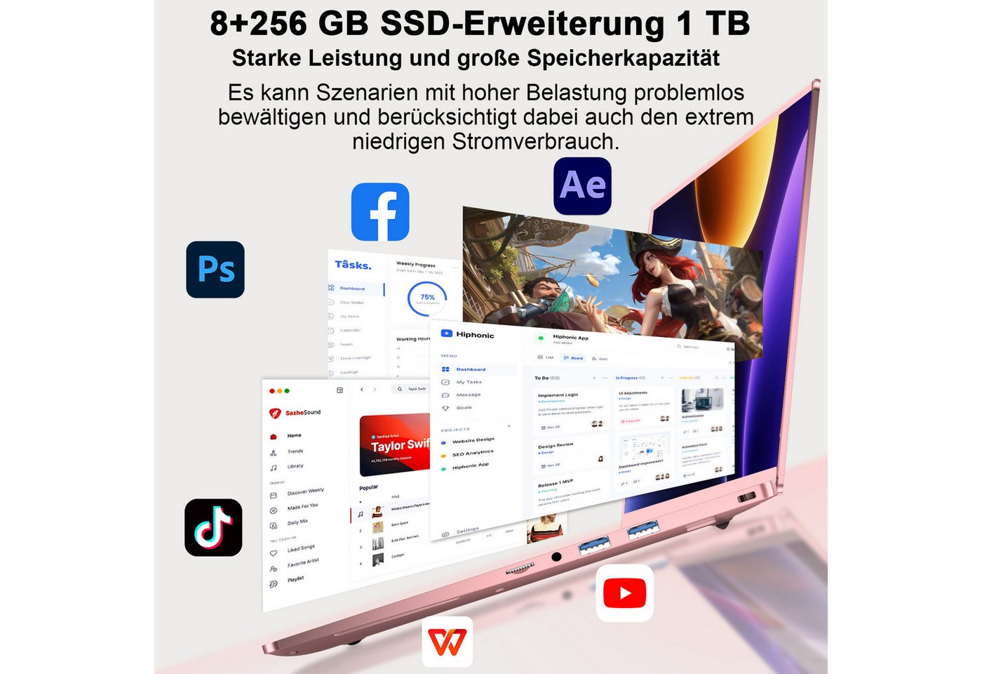 bvate 2026 14-Zoll-Laptop-Computer, 8 GB DDR4, Quad-Core N5095 CPU Notebook Notebook (OTHER, N5095, 8 GB, 256 GB SSD, 180° Drehung/Low Blue Light-Zertifizierung – Bild 3 von 5