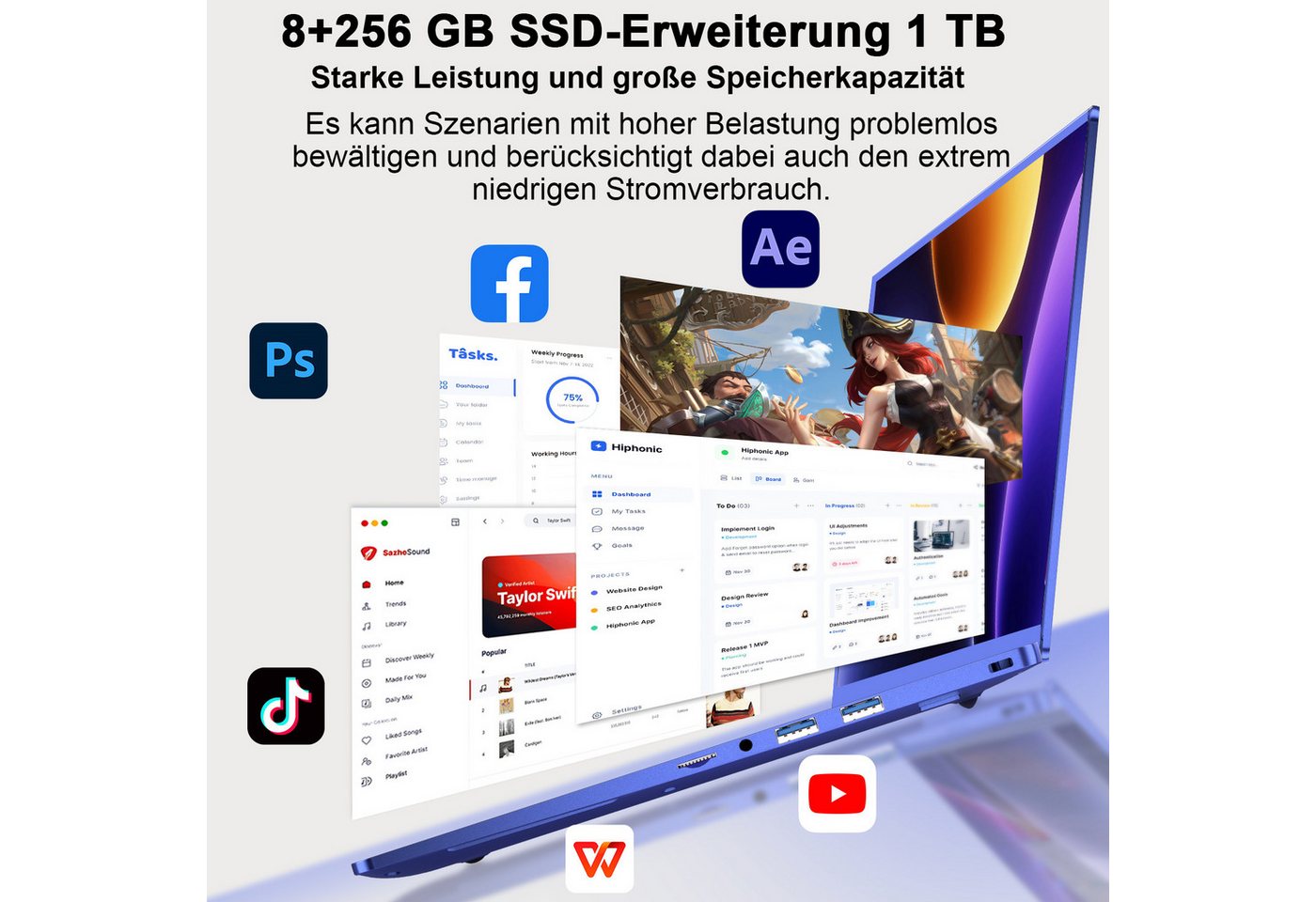 bvate 2026 14-Zoll-Laptop-Computer, 8 GB DDR4, Quad-Core N5095 CPU Notebook Notebook (OTHER, N5095, 8 GB, 256 GB SSD, 180° Drehung/Low Blue Light-Zertifizierung – Bild 3 von 5