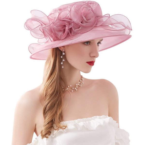 Bwecuy Sonnenhut Damenhut mit breiter Krempe, Blumen- und Blattdekor ideal für Hochzeit, Kirche und Tea Party