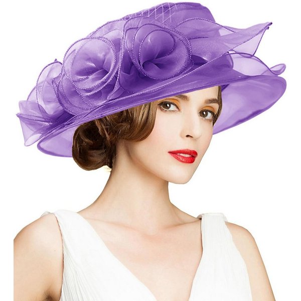 Bwecuy Sonnenhut Damenhut mit breiter Krempe, Blumen- und Blattdekor ideal für Hochzeit, Kirche und Tea Party