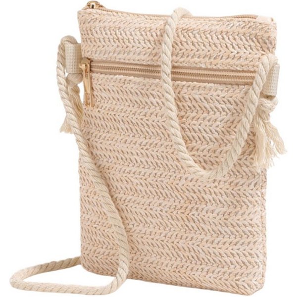 Bwecuy Umhängetasche Strohtasche Damen Boho Stroh Handytasche Vintage Strandtasche (mit Reißverschluss), Strand Stroh Handtasche Crossbody Tasche für Damenreise