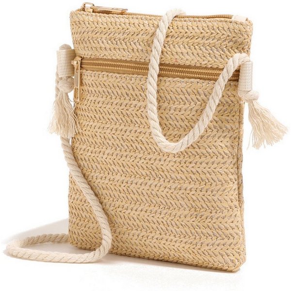 Bwecuy Umhängetasche Strohtasche Damen Boho Stroh Handytasche Vintage Strandtasche (mit Reißverschluss), Strand Stroh Handtasche Crossbody Tasche für Damenreise