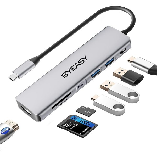 BYEASY USB-Verteiler 7in1 USB C Hub Dockingstation mit 4K HDMI 100W PD SD/TF Kartenleser (USB-C Multiport-Adapter für MacBook und andere Geräte., Inklusive 1 US