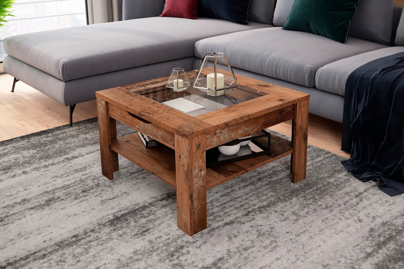 byLIVING Couchtisch RALPH, Artisan Eiche, Old Wood oder weiß, 1 Schubkasten, Glaseinlageplatte – Bild 2 von 5