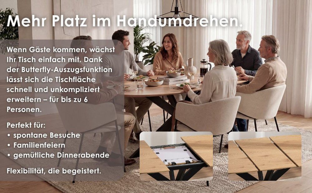 byLIVING Esstisch NEVADA, Tischplatte Eiche natur, bis 100 kg, Säule (X-förmig), Mittelauszug – Bild 3 von 5