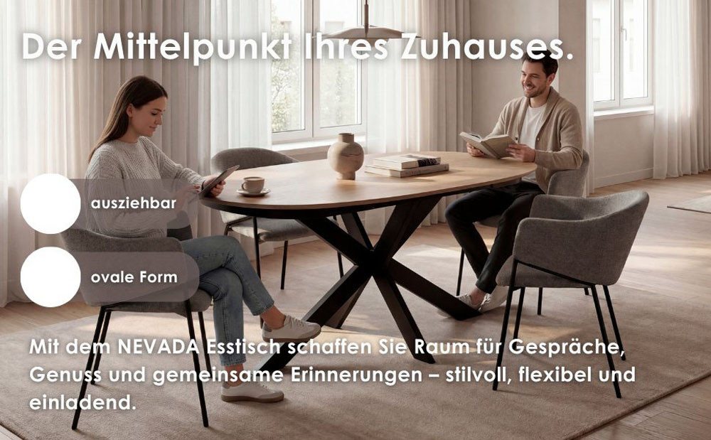 byLIVING Esstisch NEVADA, Tischplatte Eiche natur, bis 100 kg, Säule (X-förmig), Mittelauszug – Bild 5 von 5
