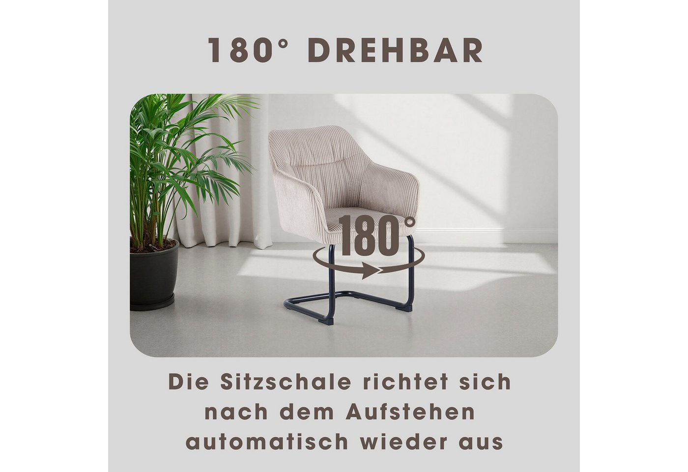 byLIVING Freischwinger ELBA (Set, 2 St), Grob-Cord, 110 kg, 180° drehbar Rückholfunktion, Schwingstuhlgestell – Bild 3 von 5