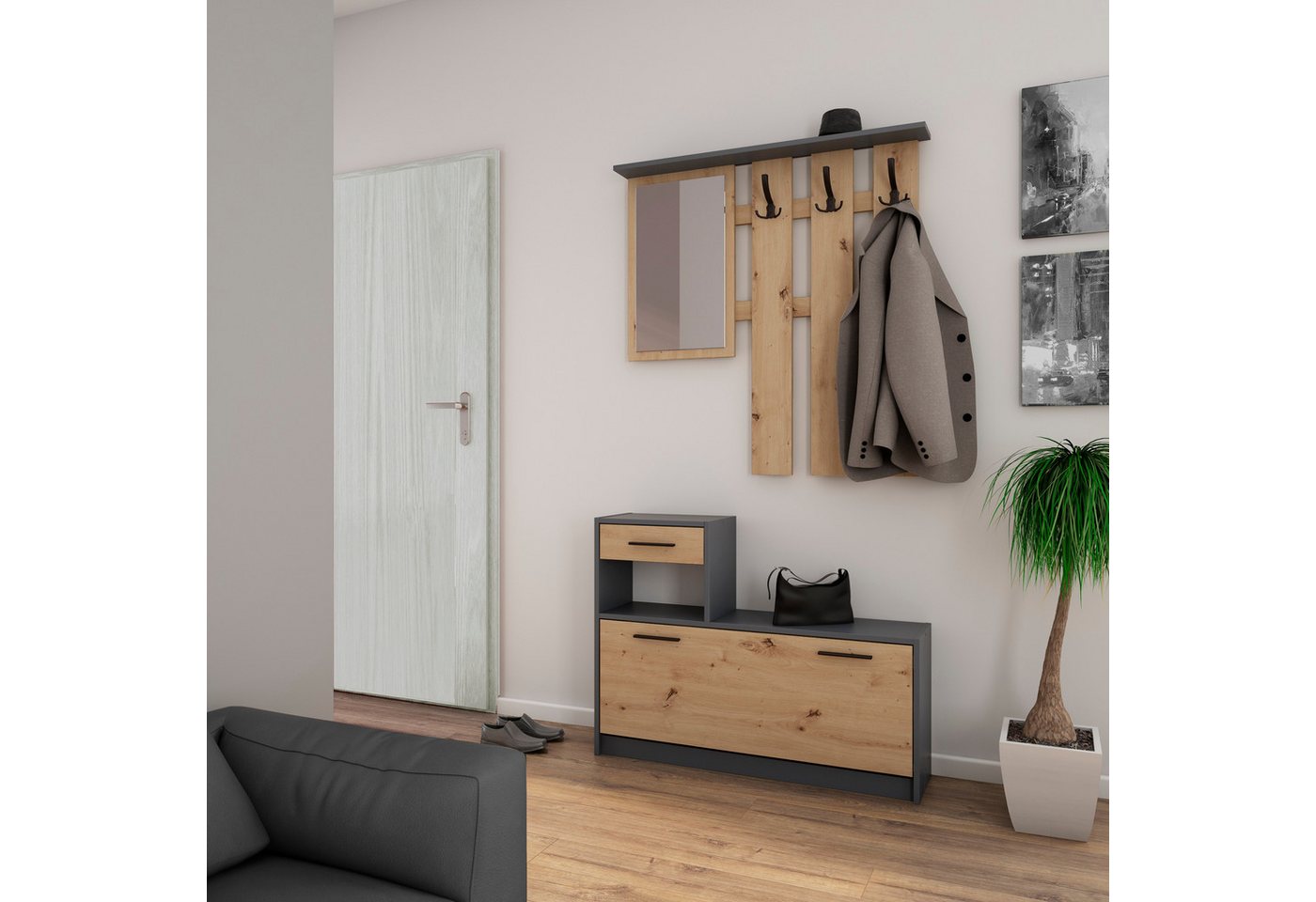 byLIVING Garderoben-Set TAMINA, (in Anthrazit/Old-Wood-Optik oder Weiß/Beton-Optik), Viel Stauraum für Schuhe, mit drei Kleiderhaken, mit Spiegel – Bild 2 von 5