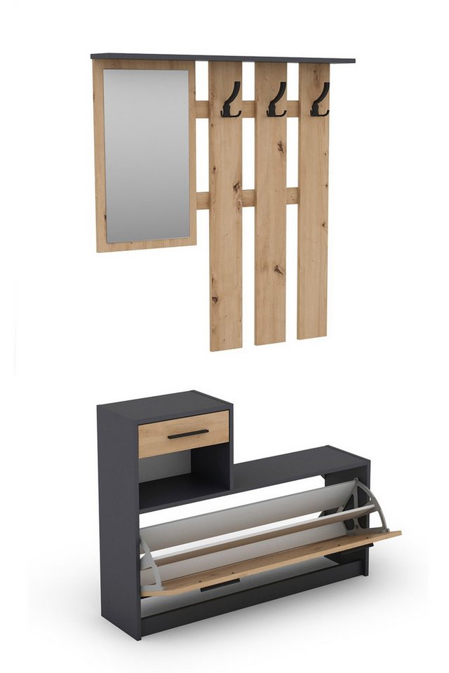 byLIVING Garderoben-Set TAMINA, (in Anthrazit/Old-Wood-Optik oder Weiß/Beton-Optik), Viel Stauraum für Schuhe, mit drei Kleiderhaken, mit Spiegel – Bild 3 von 5
