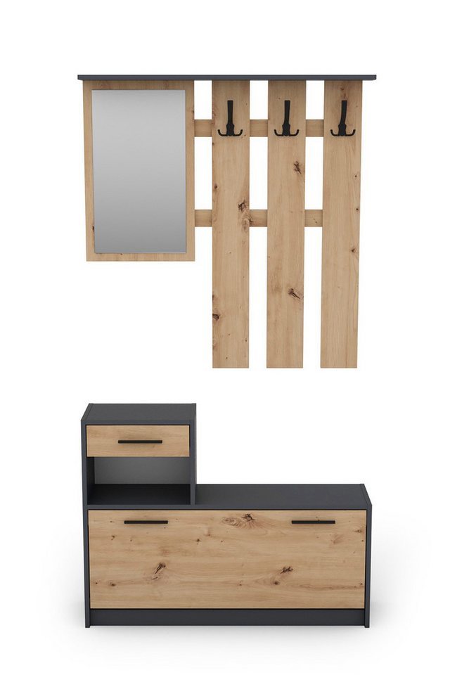 byLIVING Garderoben-Set TAMINA, (in Anthrazit/Old-Wood-Optik oder Weiß/Beton-Optik), Viel Stauraum für Schuhe, mit drei Kleiderhaken, mit Spiegel – Bild 5 von 5