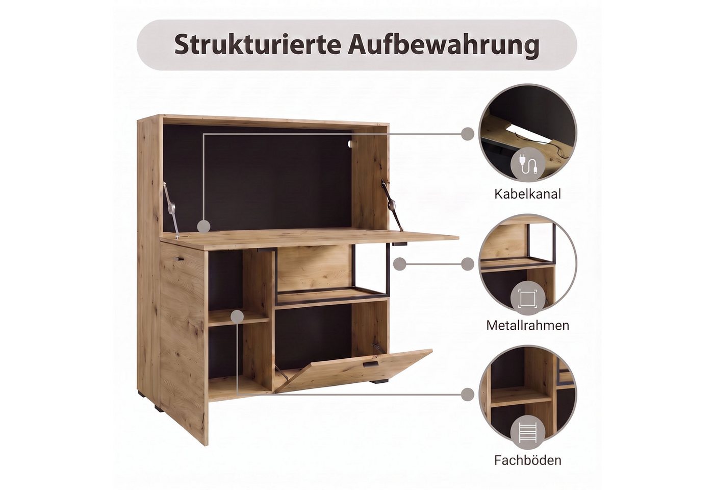 byLIVING Sekretär FRAME, Artisan Eiche (Eiche-Optik)/schwarz, 1 Türen, 2 Klapptür, B 120 cm – Bild 3 von 5