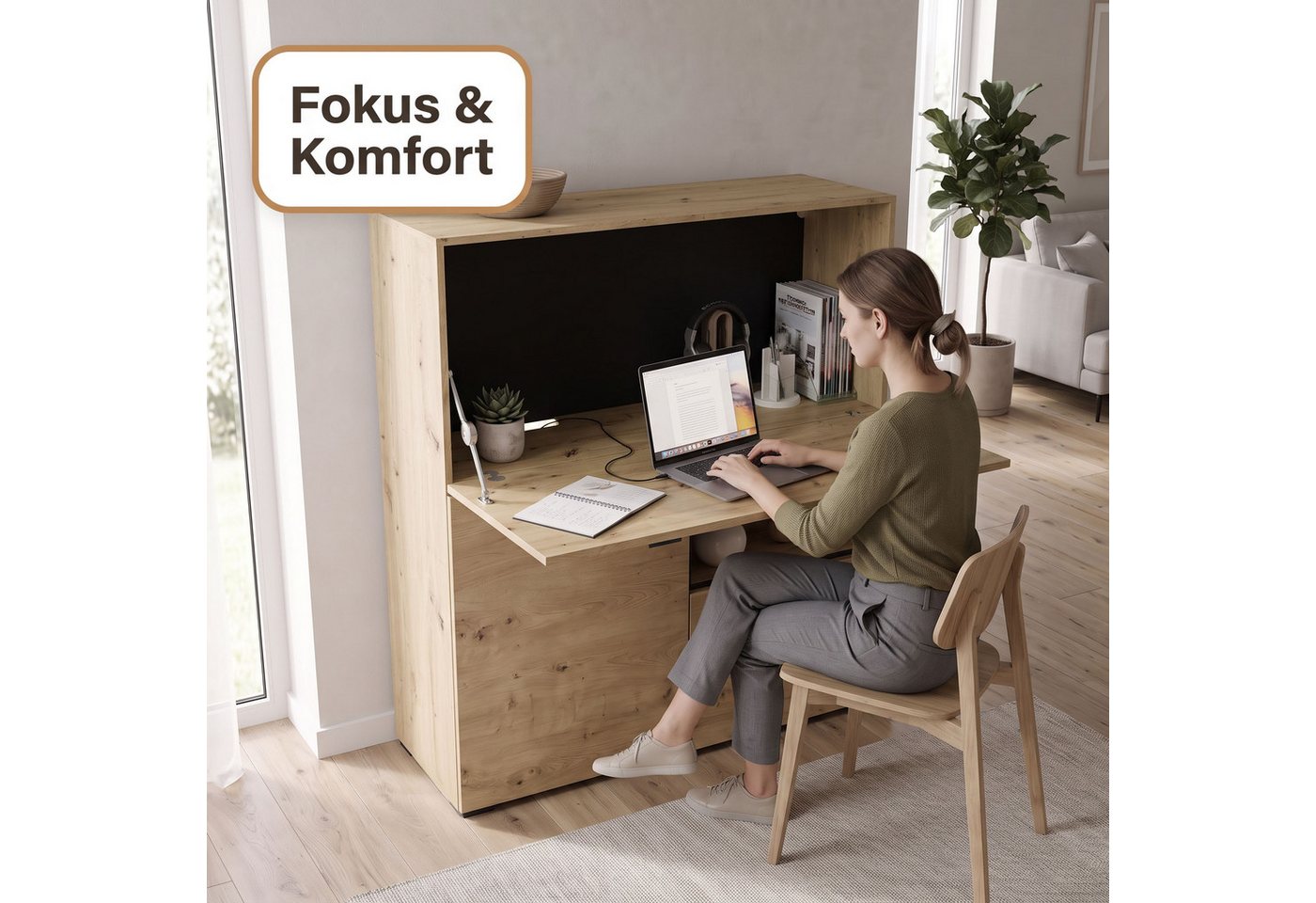 byLIVING Sekretär FRAME, Artisan Eiche (Eiche-Optik)/schwarz, 1 Türen, 2 Klapptür, B 120 cm – Bild 4 von 5