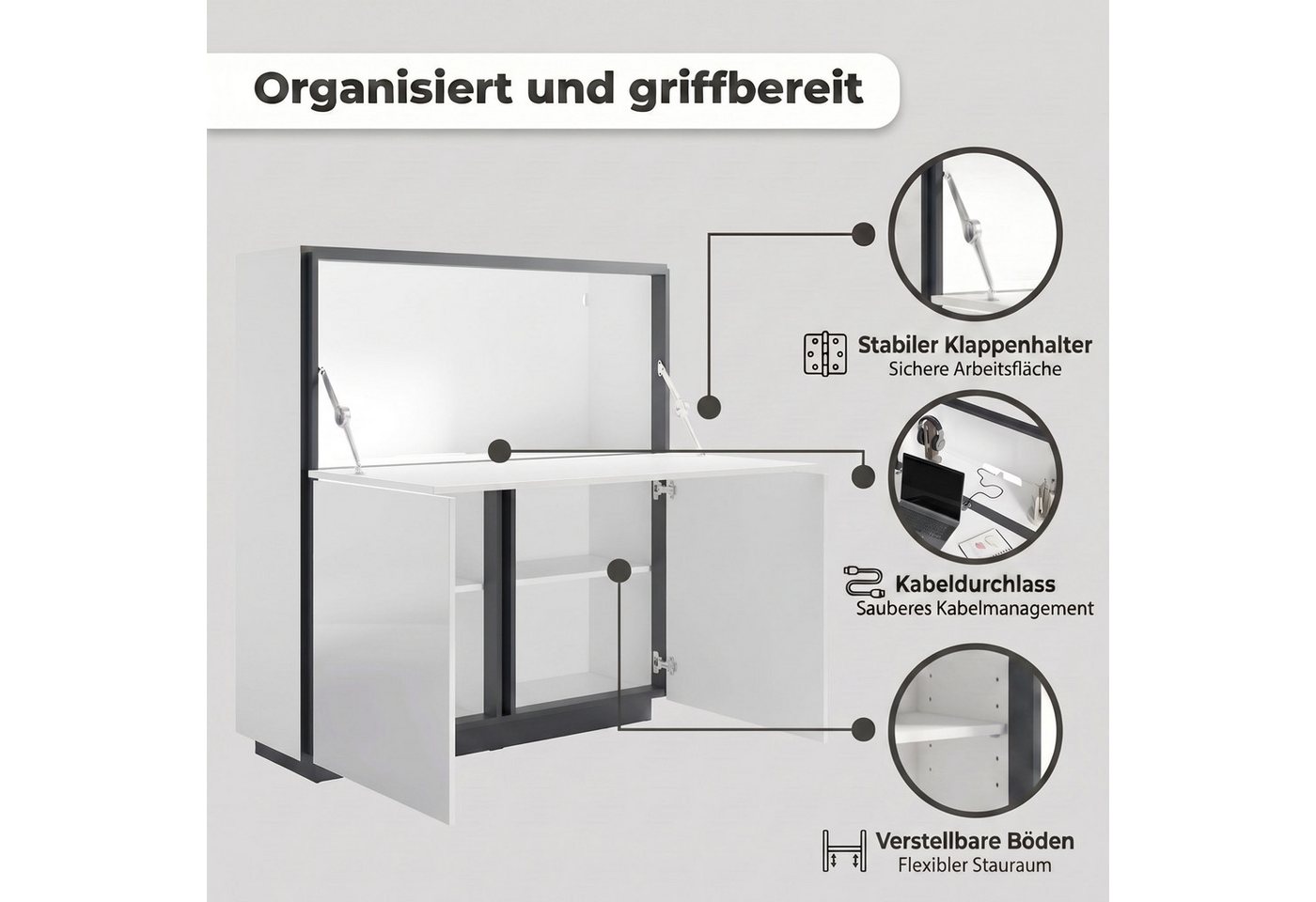 byLIVING Sekretär IDAHO, Weiß Hochglanz, 2 Türen, 1 Klapptür, 3 Fächer, Griffnut, B: 120 cm – Bild 3 von 5