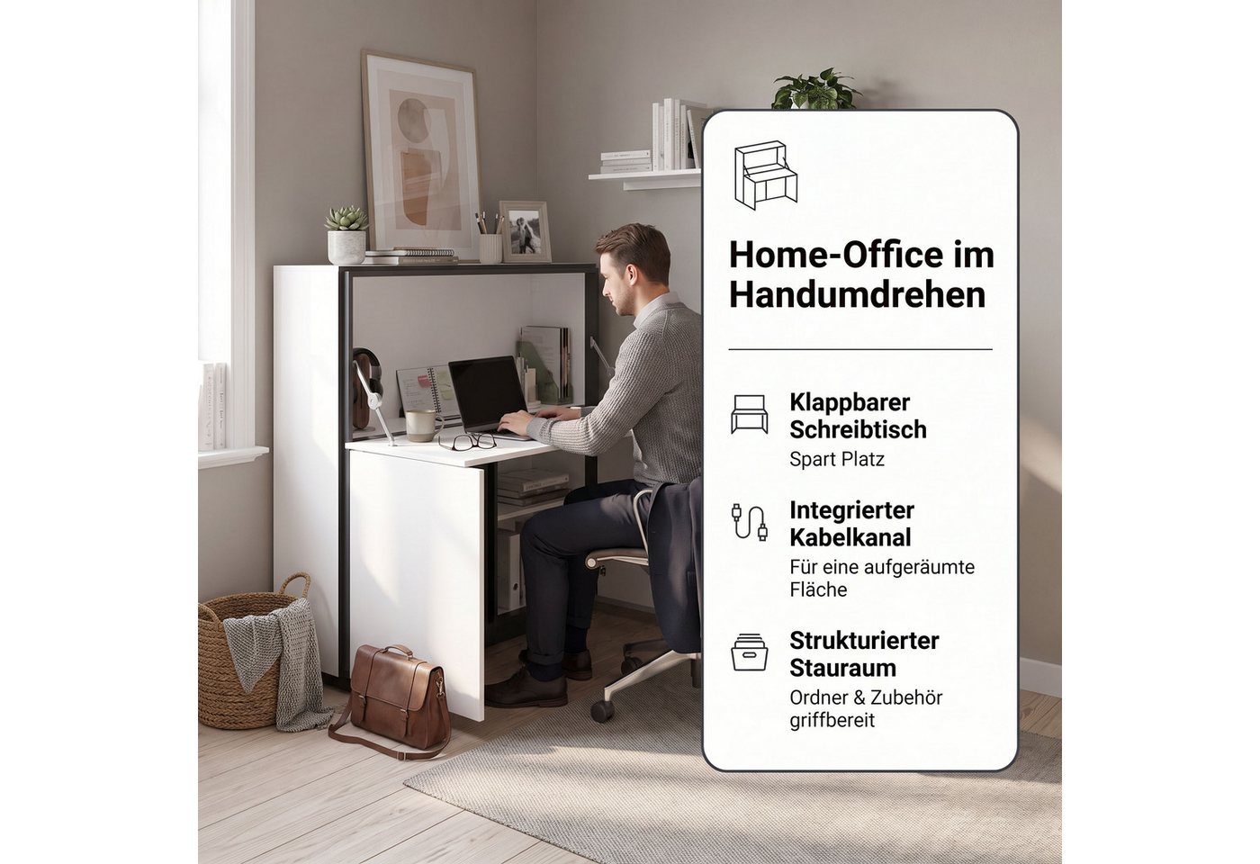byLIVING Sekretär IDAHO, Weiß Hochglanz, 2 Türen, 1 Klapptür, 3 Fächer, Griffnut, B: 120 cm – Bild 4 von 5