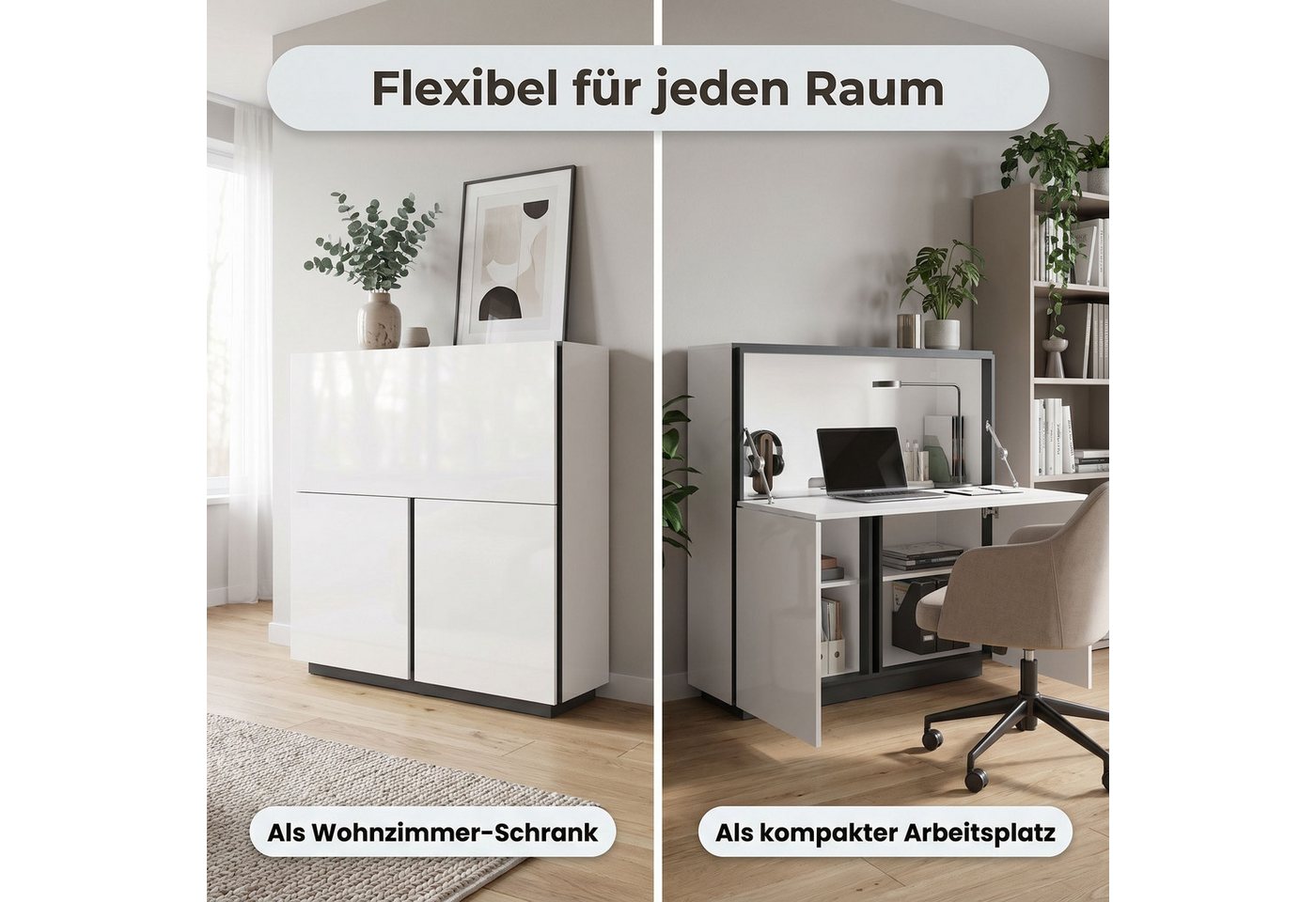 byLIVING Sekretär IDAHO, Weiß Hochglanz, 2 Türen, 1 Klapptür, 3 Fächer, Griffnut, B: 120 cm – Bild 5 von 5