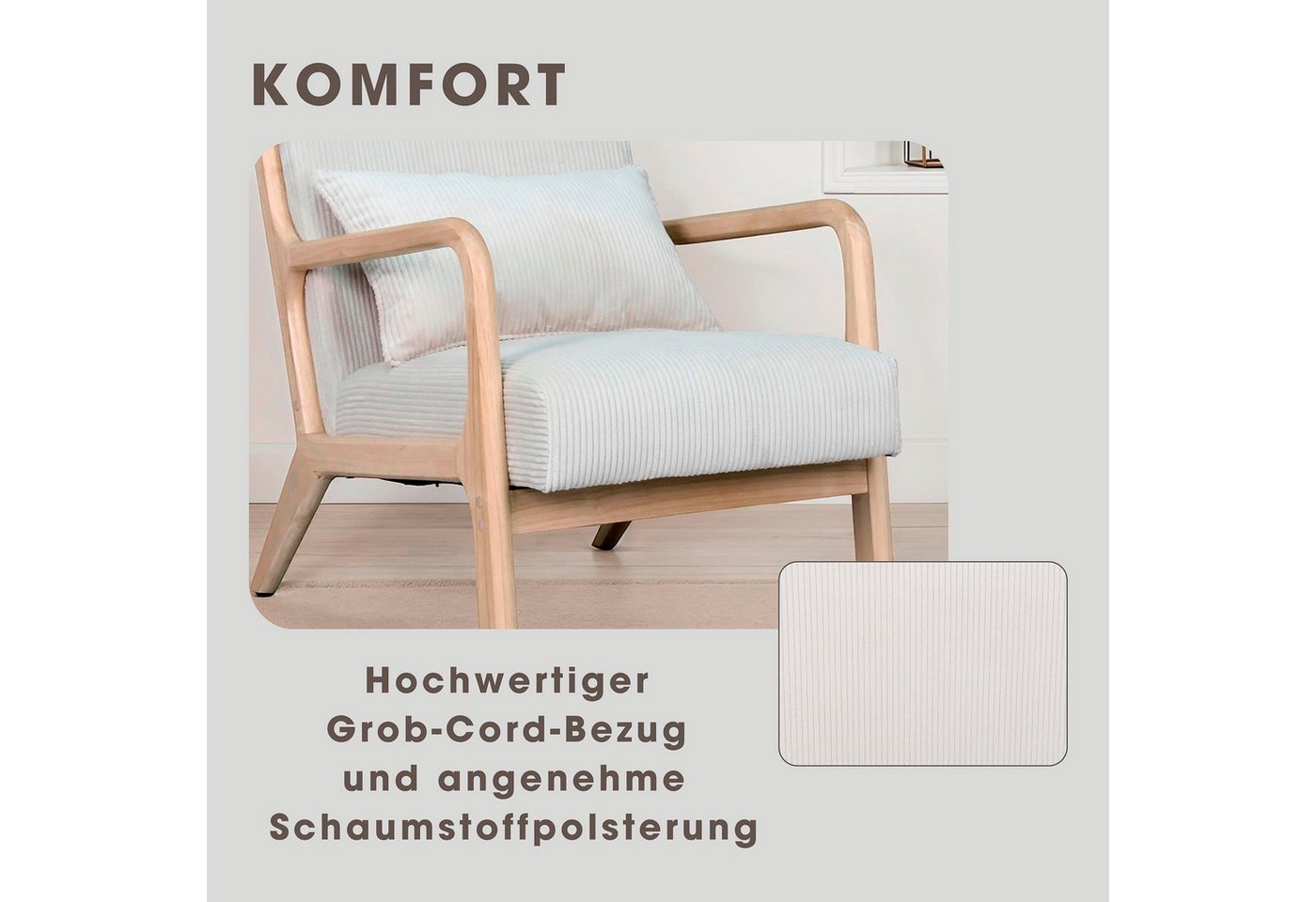 byLIVING Sessel NOHR, Grob-Cord, Gestell Massivholz Rubberwood, Separates Zierkissen – Bild 3 von 5