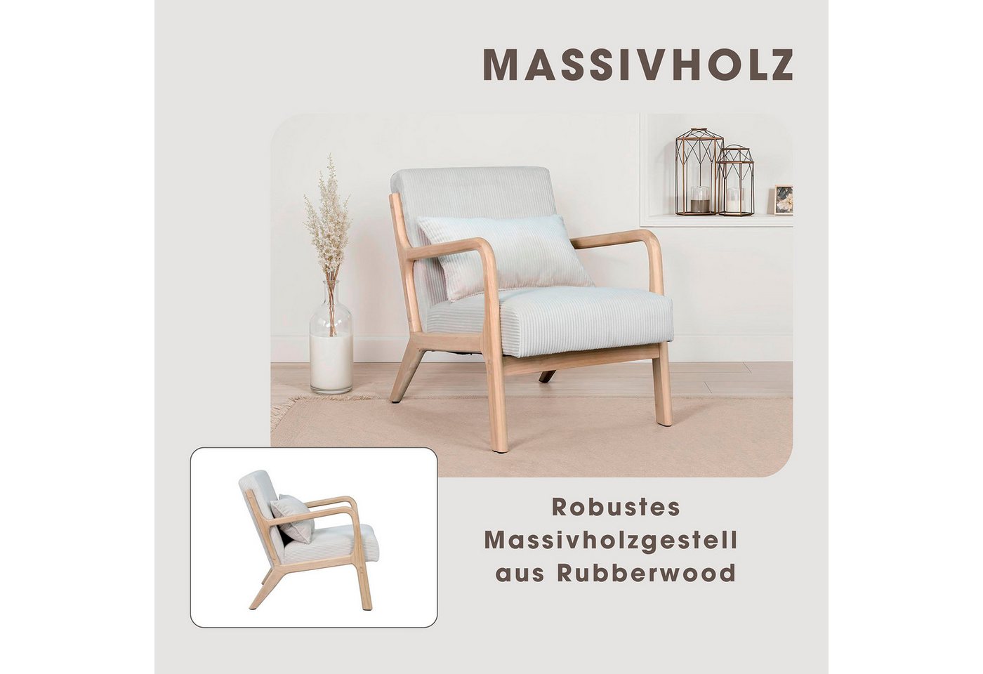byLIVING Sessel NOHR, Grob-Cord, Gestell Massivholz Rubberwood, Separates Zierkissen – Bild 4 von 5