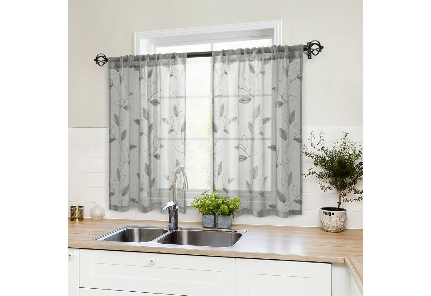 BYSURE Gardine Voile Scheibengardinen modern Wohnzimmer Bistrogardine für Küche, Bad (2 St), Stangendurchzug, transparent, Küchenvorhänge, besticktes Blattmuste – Bild 2 von 4