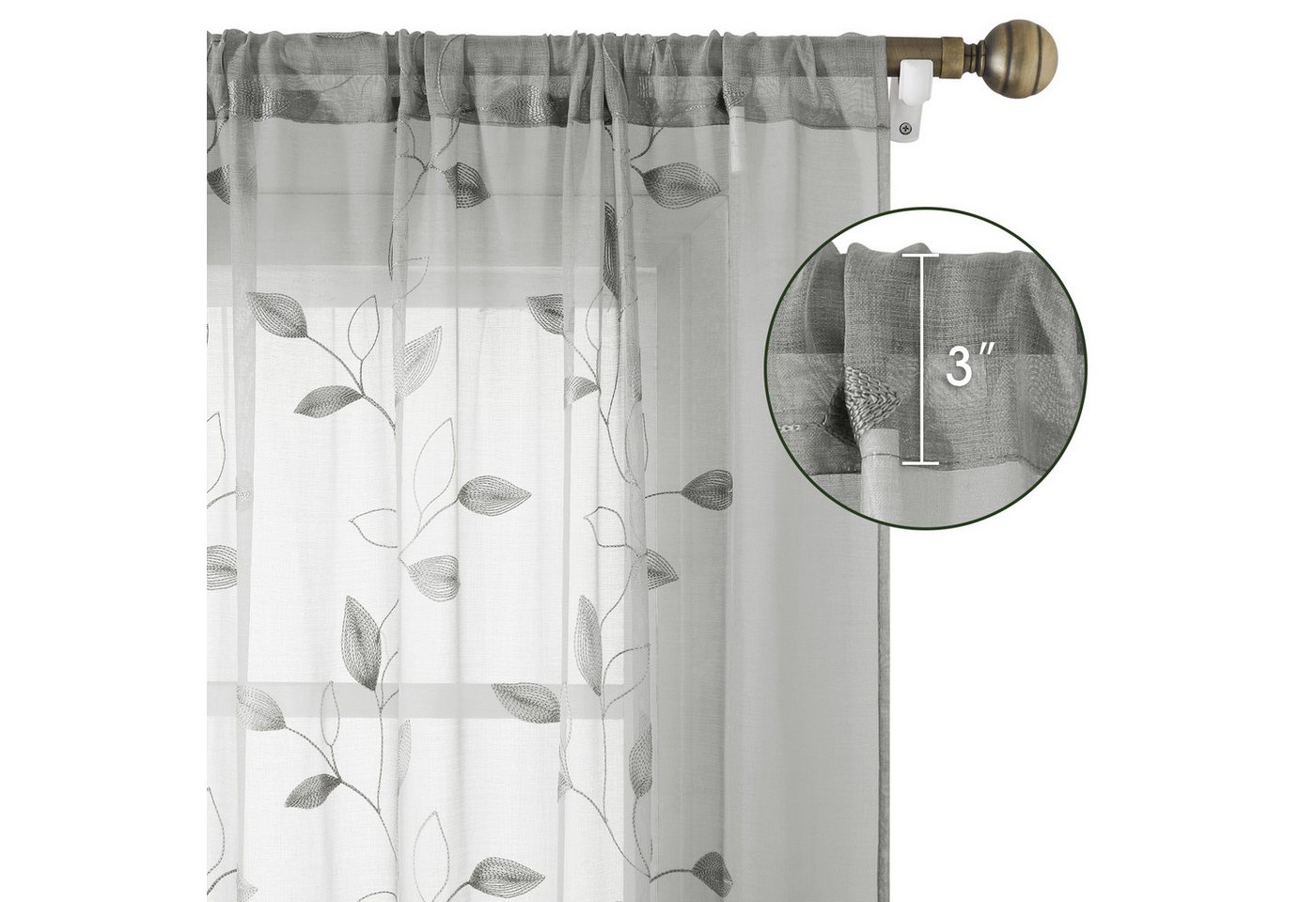 BYSURE Gardine Voile Scheibengardinen modern Wohnzimmer Bistrogardine für Küche, Bad (2 St), Stangendurchzug, transparent, Küchenvorhänge, besticktes Blattmuste – Bild 4 von 4