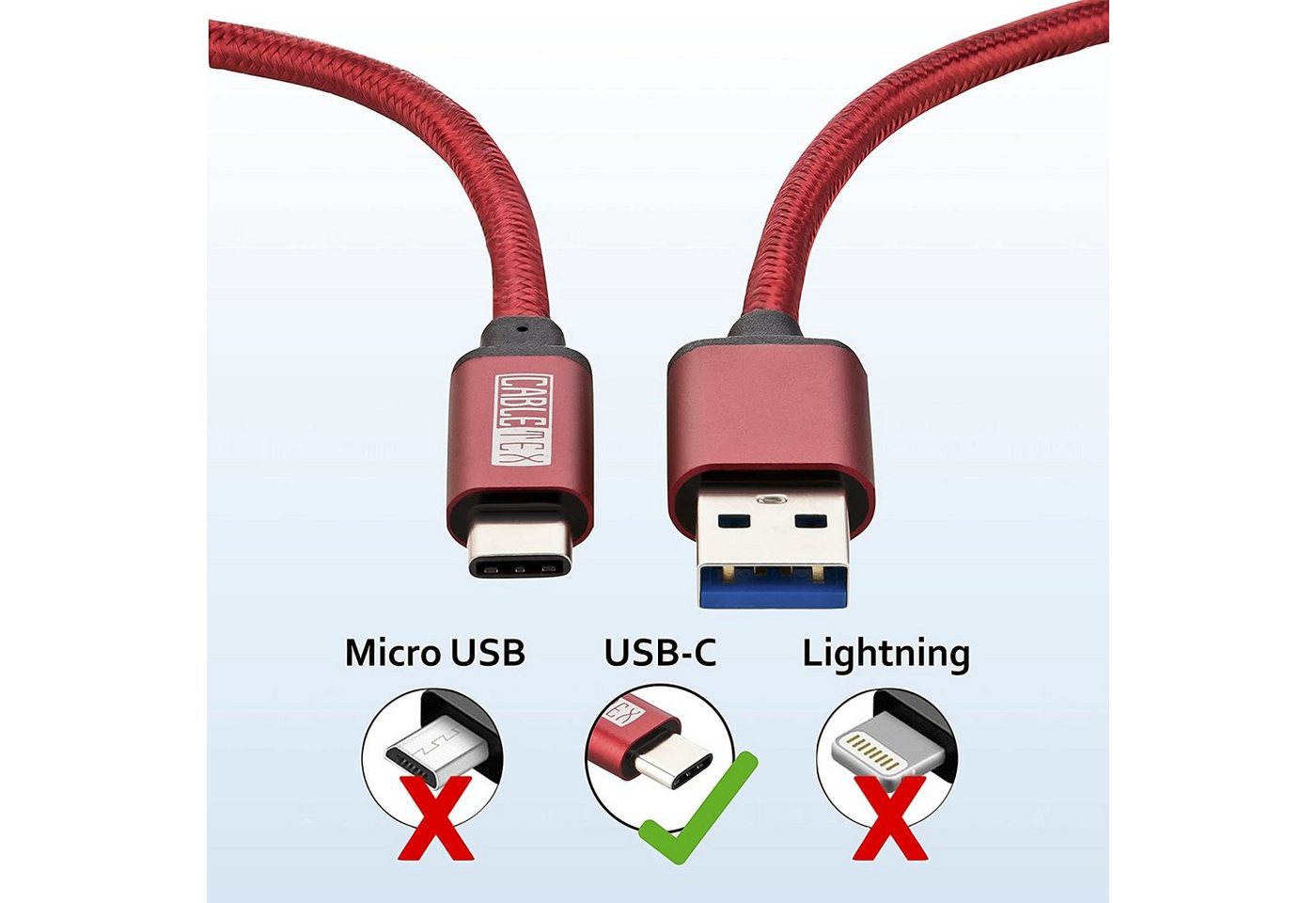 CABLETEX USB C Kabel auf USB 3.1 Typ A Datenkabel USB 3.0 für Smartphones Rot Smartphone-Kabel, USB-A, (100 cm), Nylonmantel – Bild 2 von 5