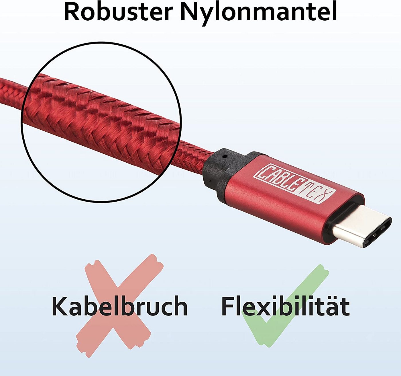 CABLETEX USB C Kabel auf USB 3.1 Typ A Datenkabel USB 3.0 für Smartphones Rot Smartphone-Kabel, USB-A, (100 cm), Nylonmantel – Bild 3 von 5