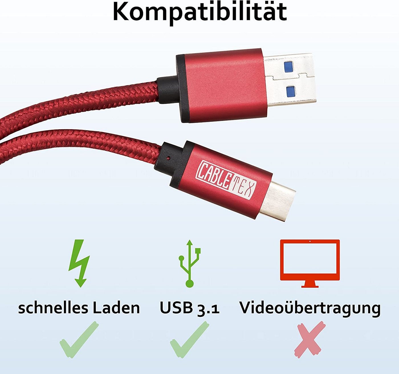 CABLETEX USB C Kabel auf USB 3.1 Typ A Datenkabel USB 3.0 für Smartphones Rot Smartphone-Kabel, USB-A, (100 cm), Nylonmantel – Bild 4 von 5