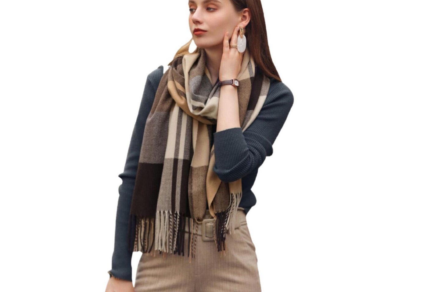 Cachito Modeschal Damen Kariert Oversized Schal mit Fransen, Winterschal Weich Wraps, Karo Fransen Schals Warm für Herbst Winter, Mischfarbe – Bild 2 von 5
