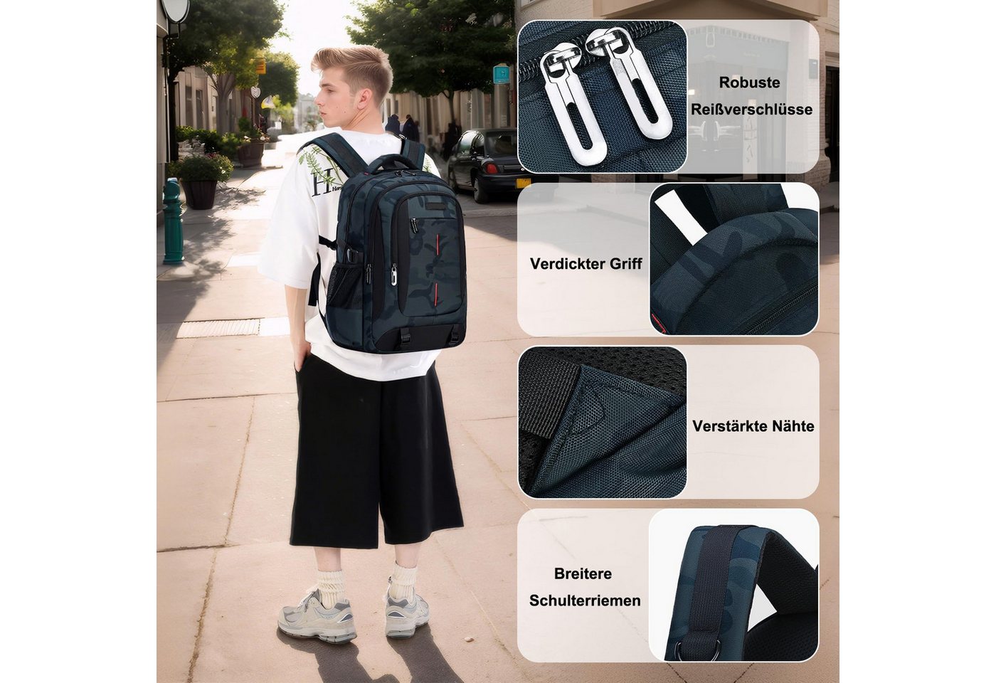 Cachito Rucksack Großer Camouflage Schulrucksack für Jungen & Mädchen (1-tlg), Teenager Rucksack mit Viel Stauraum – Daypack für Schule & Freizeit – Bild 2 von 5